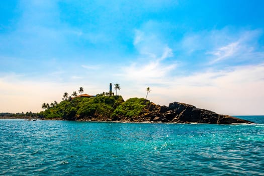 Seascape landscape and tropical nature panorama view on blue whale boat trip catamaran tour in Mirissa Beach Matara District Southern Province Sri Lanka.