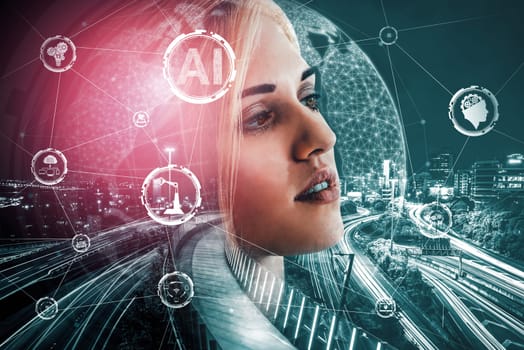 AI Learning and Artificial Intelligence Concept - Icon Graphic Interface showing computer, machine thinking and AI Artificial Intelligence of Digital Robotic Devices. uds