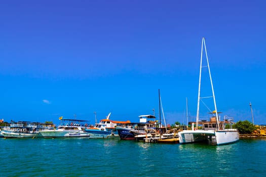 Mirissa Beach Southern Province Sri Lanka 19. March 2018 Mirissa Fisheries Harbor with boat boats ships catamaran to blue whale tour in Mirissa Beach Matara District Southern Province Sri Lanka.