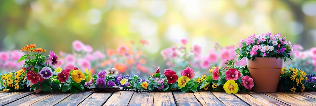 A wooden table displaying a potted plant filled with colorful flowers, surrounded by garden tools, against a blurred natural background.