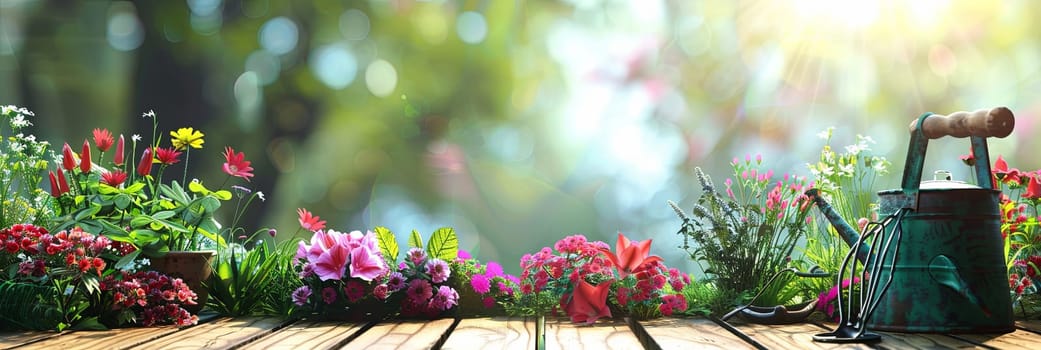 Colorful garden flowers and a watering can on a wooden surface, with a blurred natural background.