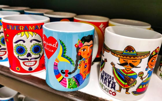 Playa del Carmen Quintana Roo Mexico 14. May 2021 Mexican and Mayan souvenirs mugs mug cup cups on the supermarket shelf in Playa del Carmen Quintana Roo Mexico.