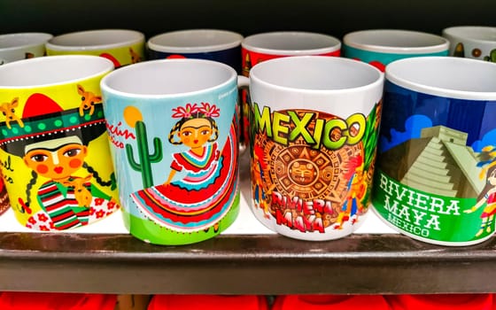 Playa del Carmen Quintana Roo Mexico 14. May 2021 Mexican and Mayan souvenirs mugs mug cup cups on the supermarket shelf in Playa del Carmen Quintana Roo Mexico.