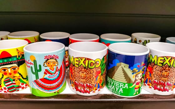 Playa del Carmen Quintana Roo Mexico 14. May 2021 Mexican and Mayan souvenirs mugs mug cup cups on the supermarket shelf in Playa del Carmen Quintana Roo Mexico.