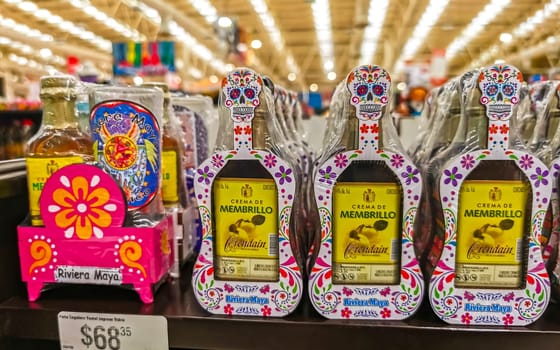 Playa del Carmen Quintana Roo Mexico 14. May 2021 Mexican and Mayan souvenirs on the supermarket shelf in Playa del Carmen Quintana Roo Mexico.