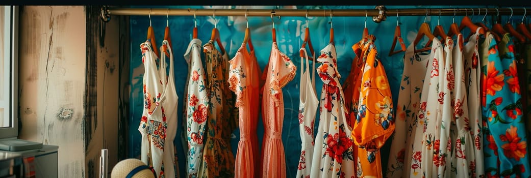 Assorted scarves in various colors and patterns are neatly displayed on a rack in a womens clothing showroom.