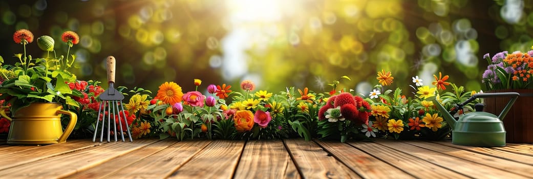 Wooden table covered with colorful flowers and garden tools, set against a blurred natural background.