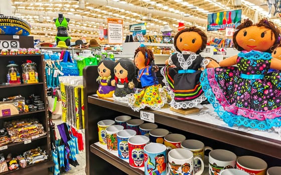 Playa del Carmen Quintana Roo Mexico 14. May 2021 Mexican and Mayan souvenirs on the supermarket shelf in Playa del Carmen Quintana Roo Mexico.