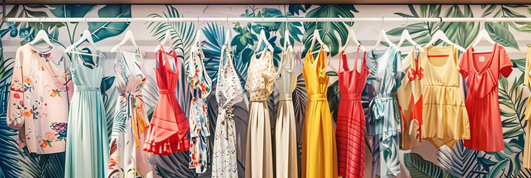 Fashionable womens closet wallpaper with summer dresses and shirts neatly hung on a wall rack.