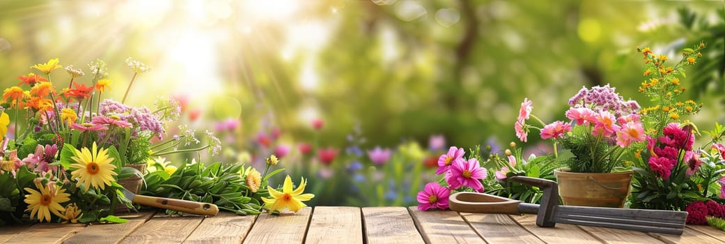 A wooden table topped with an assortment of vibrant flowers and garden tools, set against a blurred natural background.