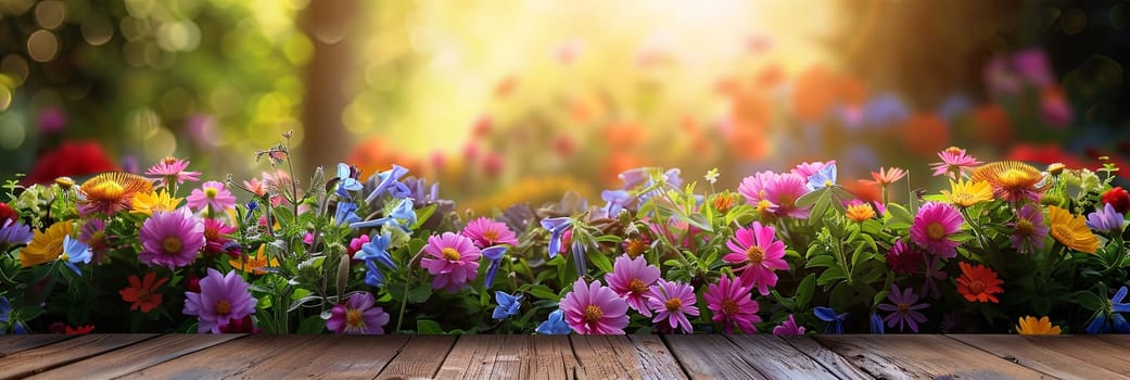 Colorful flowers and garden tools scattered on a wooden table against a blurred natural background.