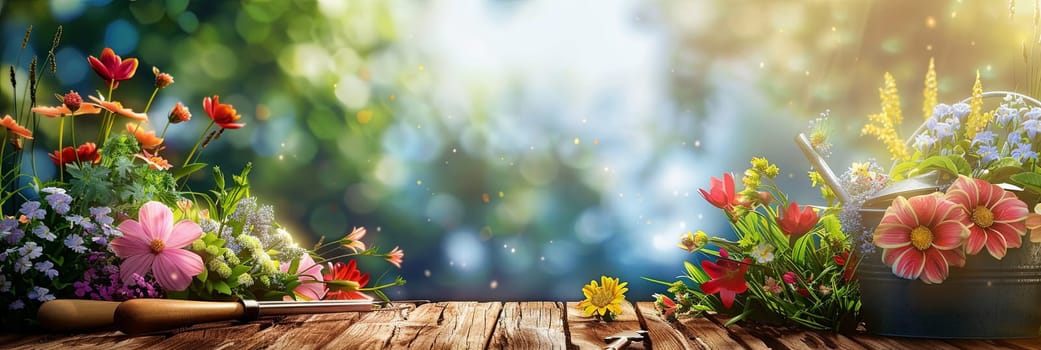 A wooden table is covered with an array of vibrant flowers and garden tools, set against a blurred natural background.