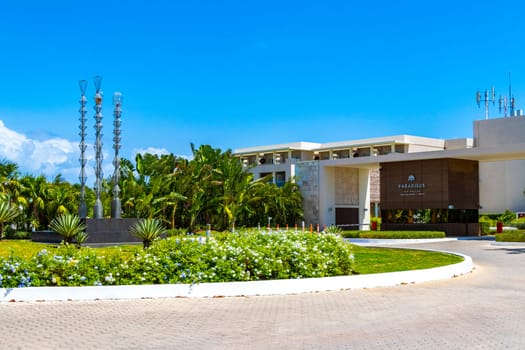 Luxurious hotel and resort Paradisus entrances and entrances in tropical nature in Playa del Carmen Quintana Roo Mexico.