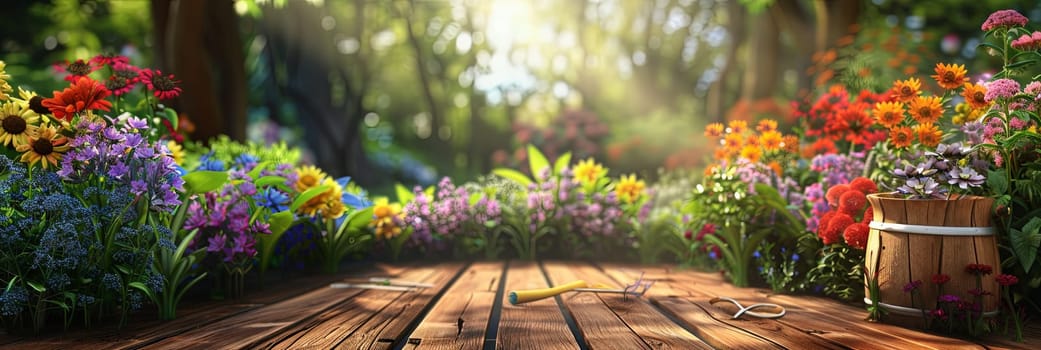 A wooden table covered with a variety of vibrant flowers and garden tools, set against a blurred natural background.