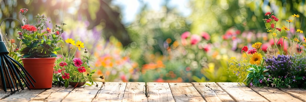 Colorful flowers and garden tools arranged on a wooden table with a blurred natural background.