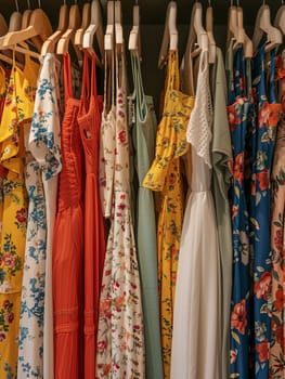 Various dresses hanging on a rack in a summer closet or designer dresses store, showcasing a fashionable womens clothing showroom.