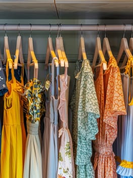 Various dresses neatly arranged on hangers in a fashion store setting.