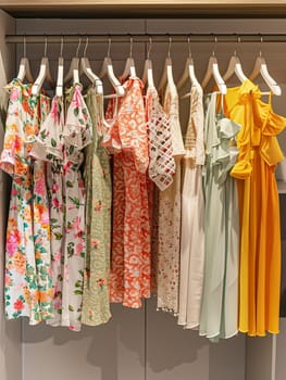 Various dresses and shirts in a womens closet, displayed on hangers. Represents a summer wardrobe in a fashion showroom.