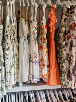 Collection of various dresses and shirts hanging on a rack in a fashionable womens closet.