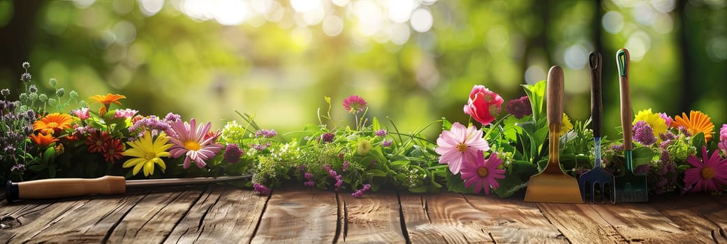 A wooden table is crowded with a variety of vibrant flowers and garden tools, set against a blurred natural background.