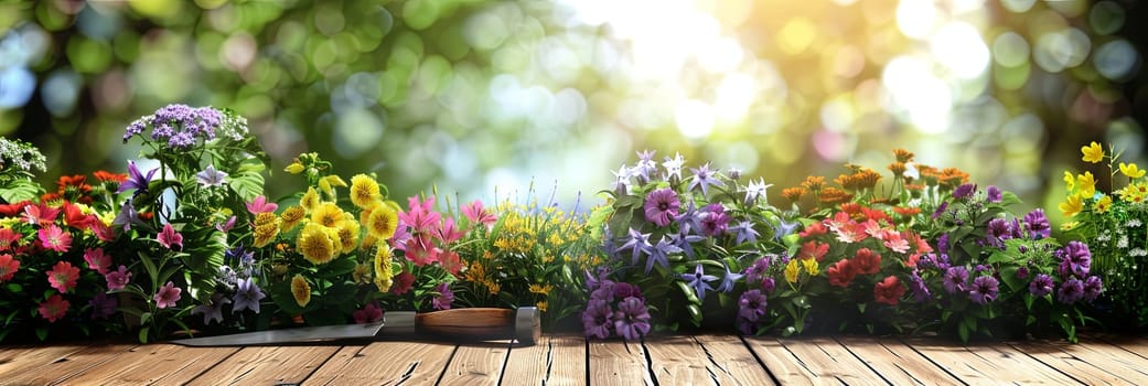 A variety of vibrant flowers and garden tools arranged on a wooden table, with a blurred natural background.