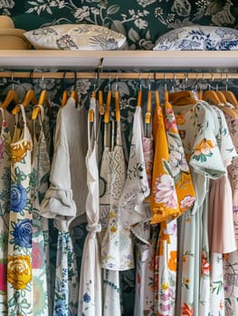 Various fashionable womens summer dresses and shirts displayed on hangers in a creative clothing showroom concept.