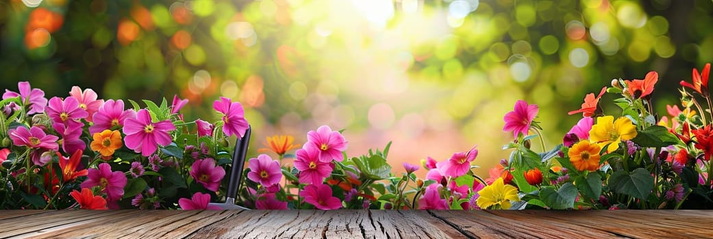 A variety of vibrant flowers arranged on a wooden table with garden tools nearby, set against a blurred natural background.