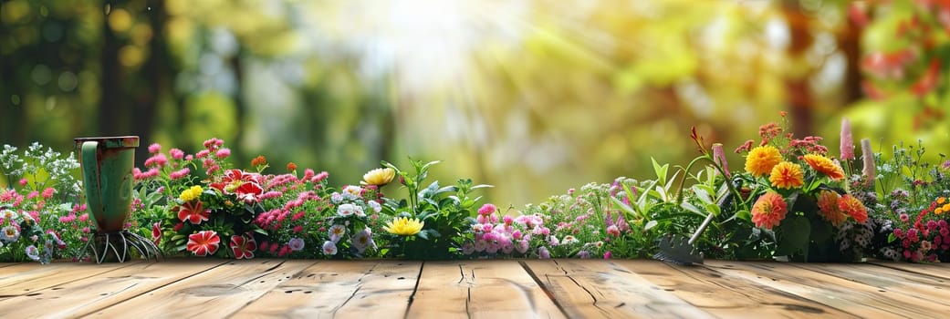 Colorful flowers and garden tools displayed on a wooden table with a blurred natural background.