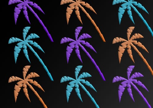 Illustration of palmtrees with different colors, on a black background.