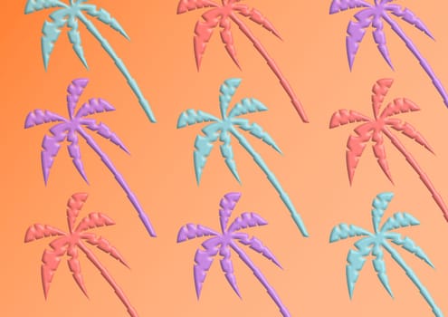 Illustration of palmtrees with different colors, on a peach background.