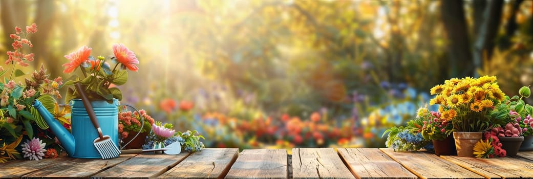 Various vibrant flowers displayed on a wooden table outdoors with garden tools, against a softly blurred natural backdrop.