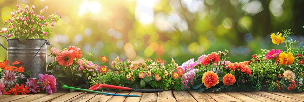 Wooden table covered in various colorful flowers and garden tools, set against a blurred natural background.