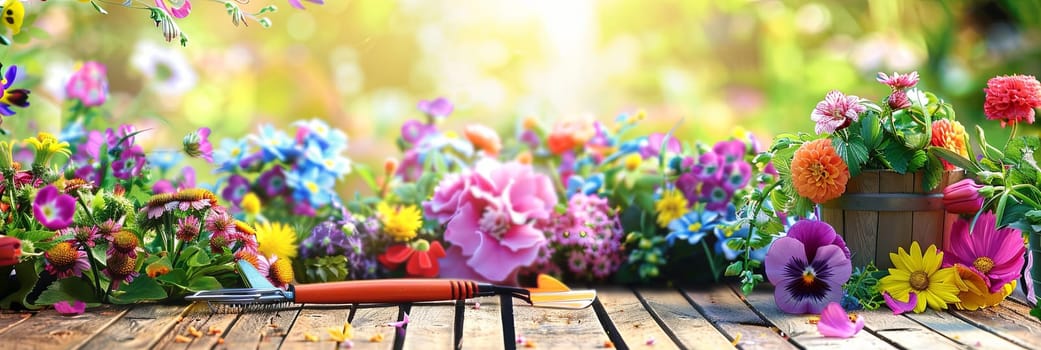 A wooden table covered with various colorful flowers and garden tools, set against a blurred natural background.