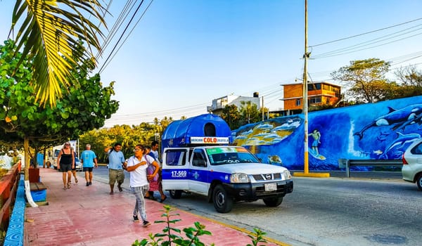 Mexican Colectivo van car transportation pickup truck bus in Puerto Escondido Oaxaca Mexico.