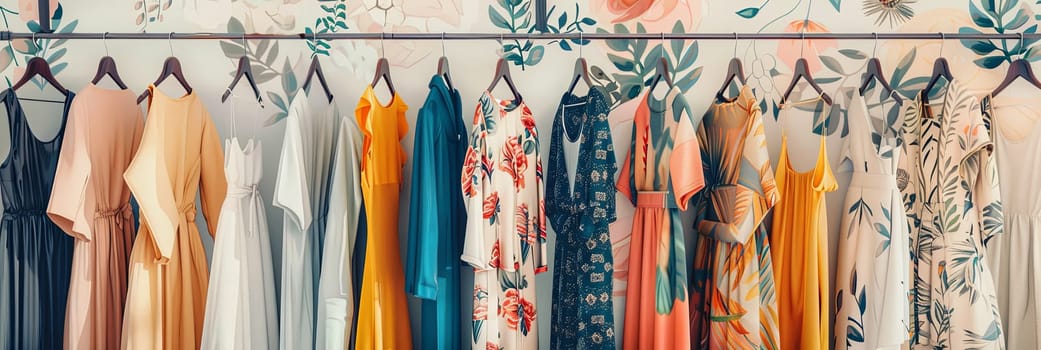 Fashionable womens closet wallpaper with summer dresses and shirts on hangers, representing a creative concept of a designer clothing showroom.