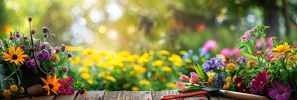 A wooden table is beautifully adorned with an array of vibrant flowers and garden tools, set against a blurred natural background.