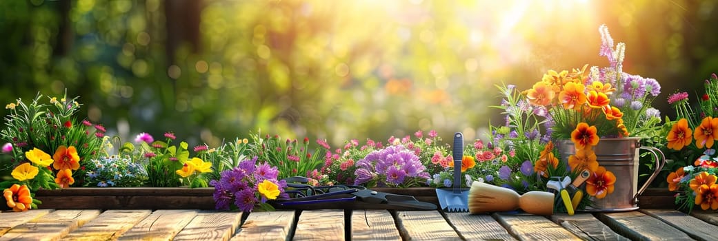 A variety of colorful flowers arranged on a wooden table, surrounded by garden tools with a blurred natural background.