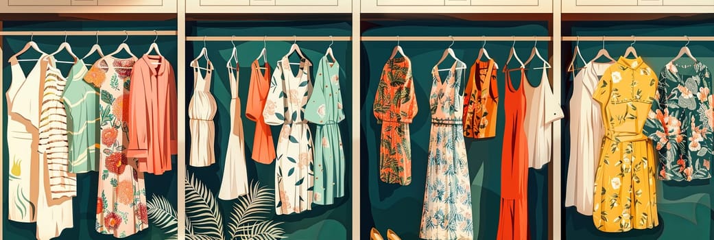 Fashionable womens closet wallpaper. Summer closet with dresses and shirts hanging on racks, creative concept of womens clothing showroom.