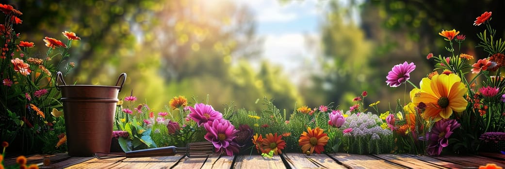 A wooden table is covered with an assortment of vibrant flowers and various garden tools, against a blurred natural background.