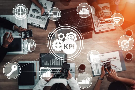 KPI Key Performance Indicator for Business Concept - Modern graphic interface showing symbols of job target evaluation and analytical numbers for marketing KPI management. uds