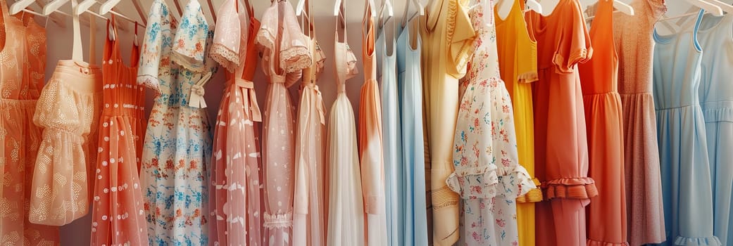 Assorted dresses and shirts hanging neatly in a closet, creating a colorful display of summer fashion.