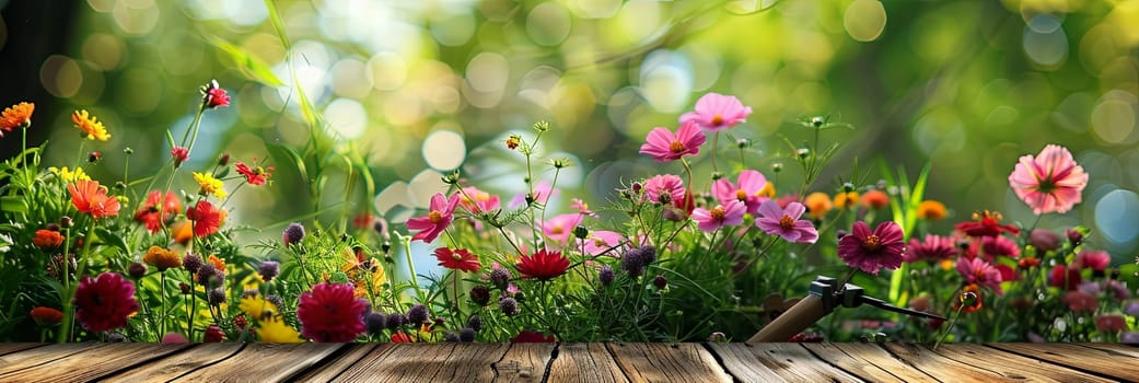 A variety of vibrant flowers arranged on a wooden table, with garden tools scattered around, against a blurred natural background.