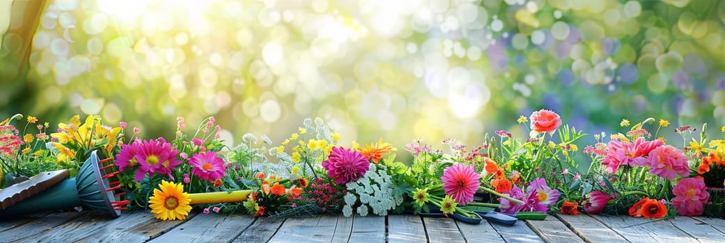 Colorful flowers and garden tools arranged on a wooden table with a blurred natural background.