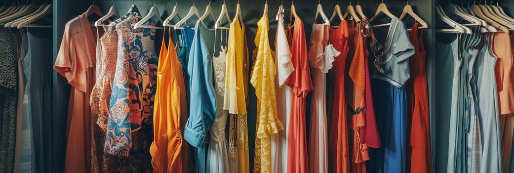 A fashionable womens closet wallpaper filled with a variety of different colored shirts hanging on hangers, showcasing a creative concept of a designer clothing showroom.