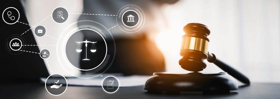 Smart law, legal advice icons and lawyer working tools in the lawyers office showing concept of digital law and online technology of savvy law and regulations .