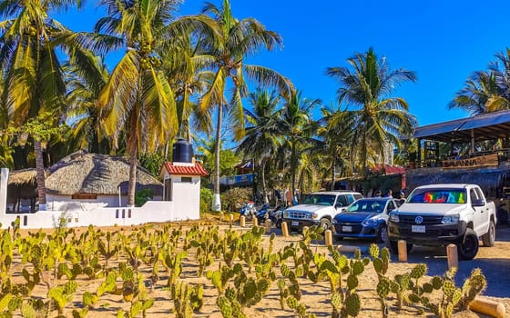 Restaurant restaurants bar bars shops hotels palms palm trees and promenades on the beach in Zicatela Puerto Escondido Oaxaca Mexico.