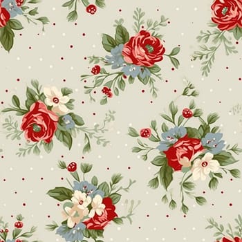 Seamless pattern, tileable Christmas holiday floral, country flowers dots print, English countryside roses for wallpaper, wrapping paper, scrapbook, fabric and product design motif