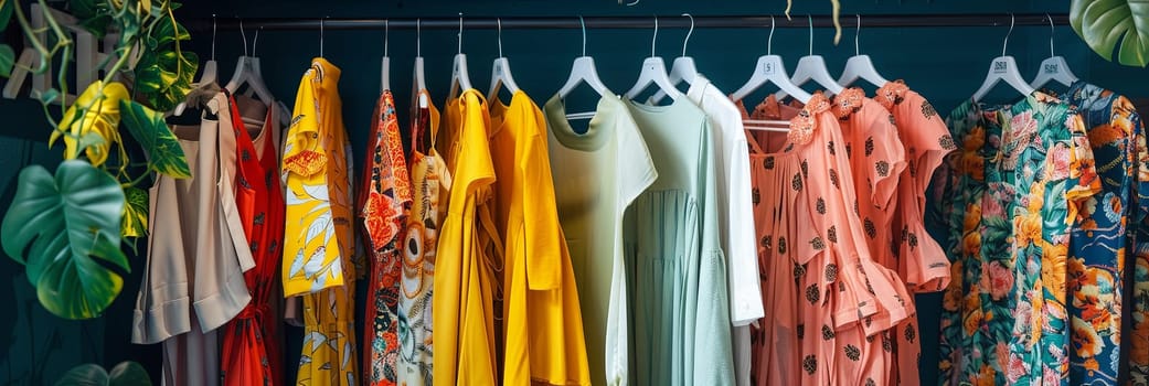 Rack of clothes hanging on a wall, featuring summer dresses and shirts. Creative concept of a womens clothing showroom or designer dresses store.