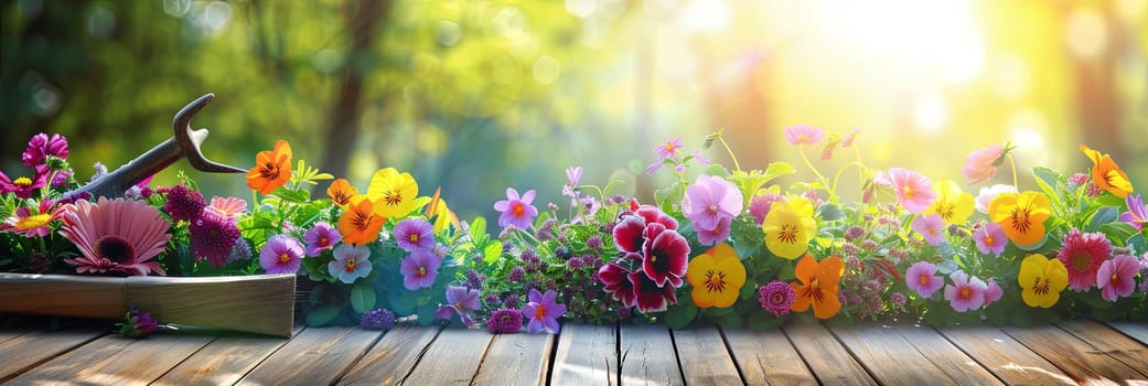 A variety of vibrant flowers neatly arranged on a wooden table, surrounded by garden tools and with a blurred natural background.