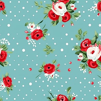 Seamless pattern, tileable Christmas holiday floral, country flowers dots print, English countryside roses for wallpaper, wrapping paper, scrapbook, fabric and product design motif